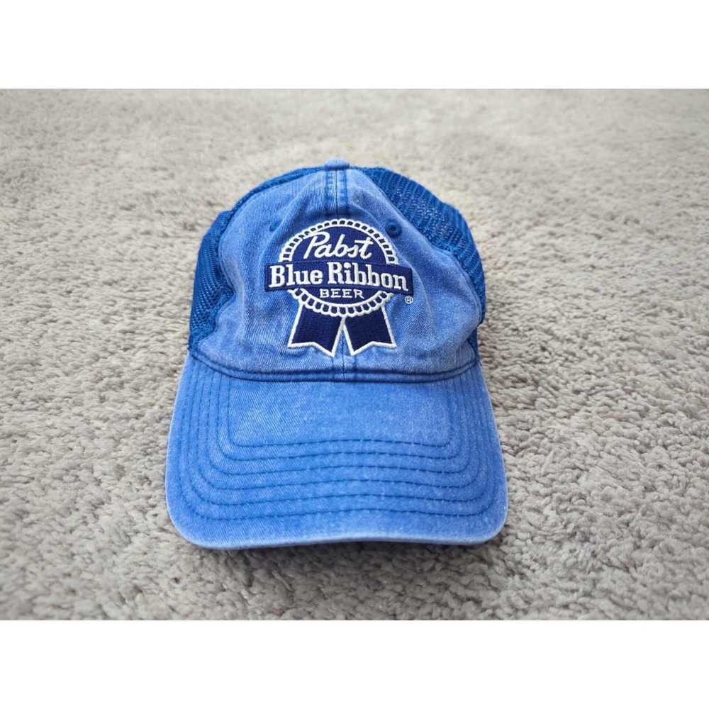 Pabst Blue Ribbon Beer Cap Mens OS Trucker Adjustable Strapback Washed Denim